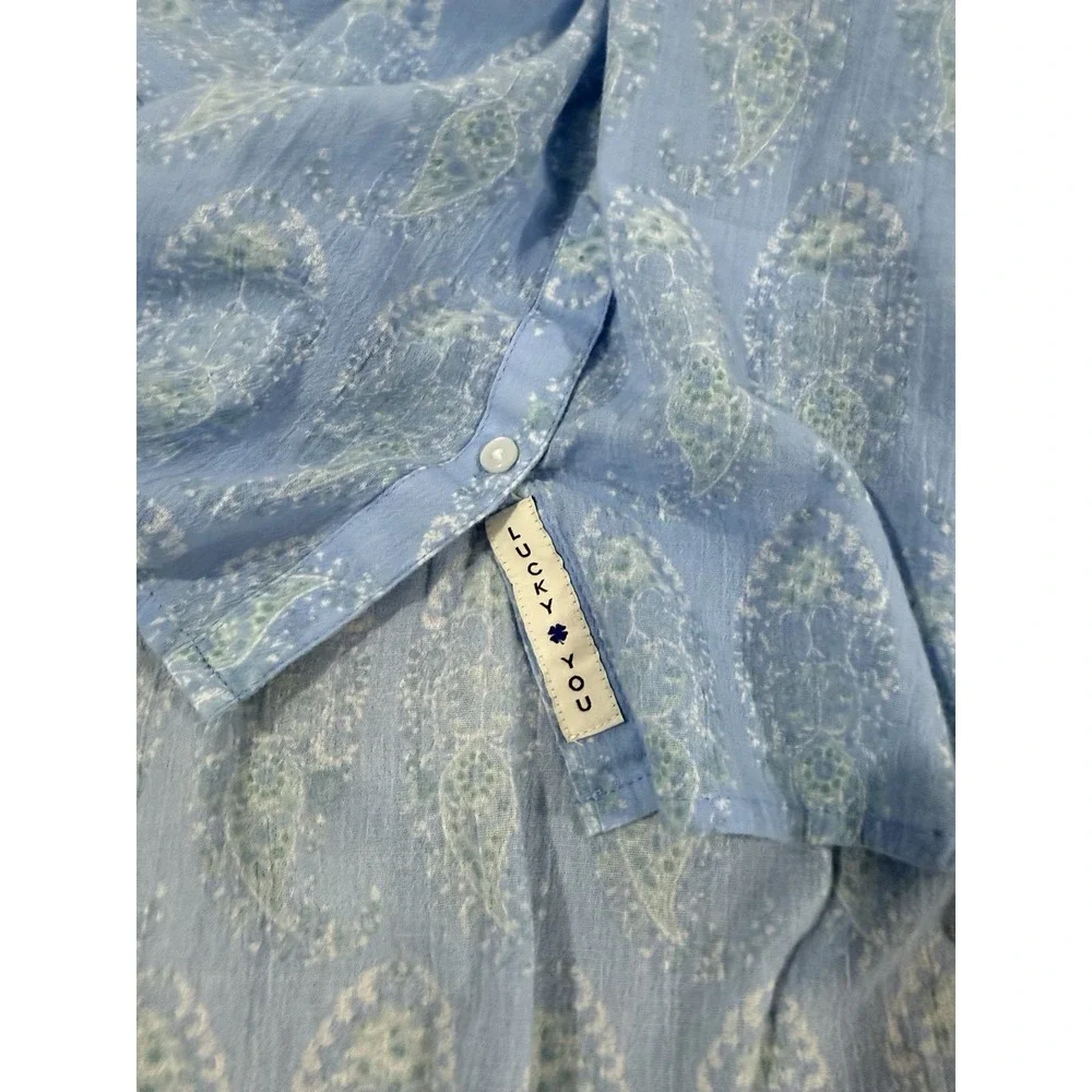 Lucky Shirt  Womens Medium Blue Paisley  Blouse Boho Button Front Relaxed Flowy